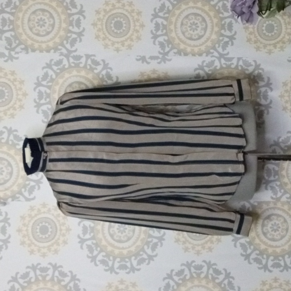 Vintage 80s blouse ruffle mock turtleneck stripes long sleeve blue small